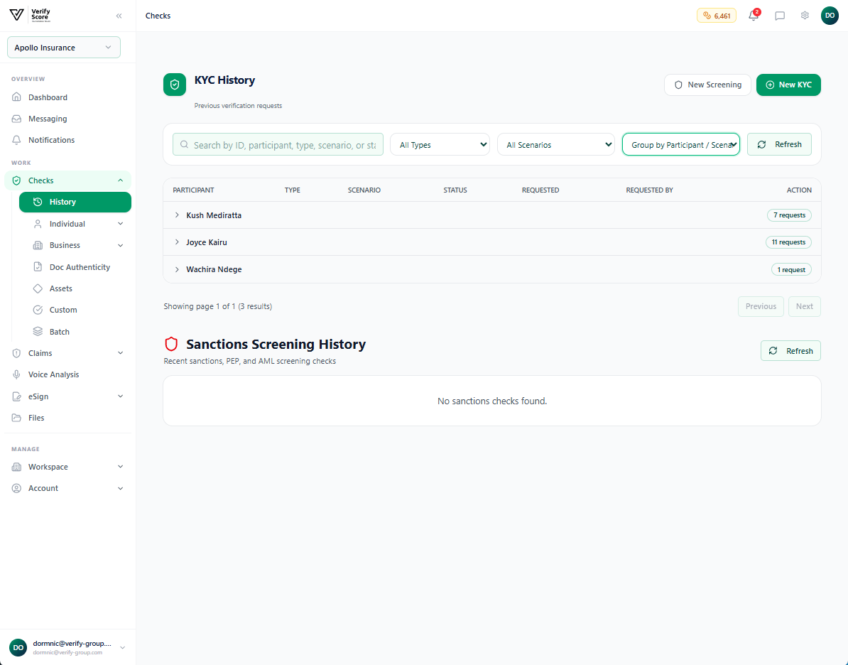 The KYC History screen showing a table of all past verification requests