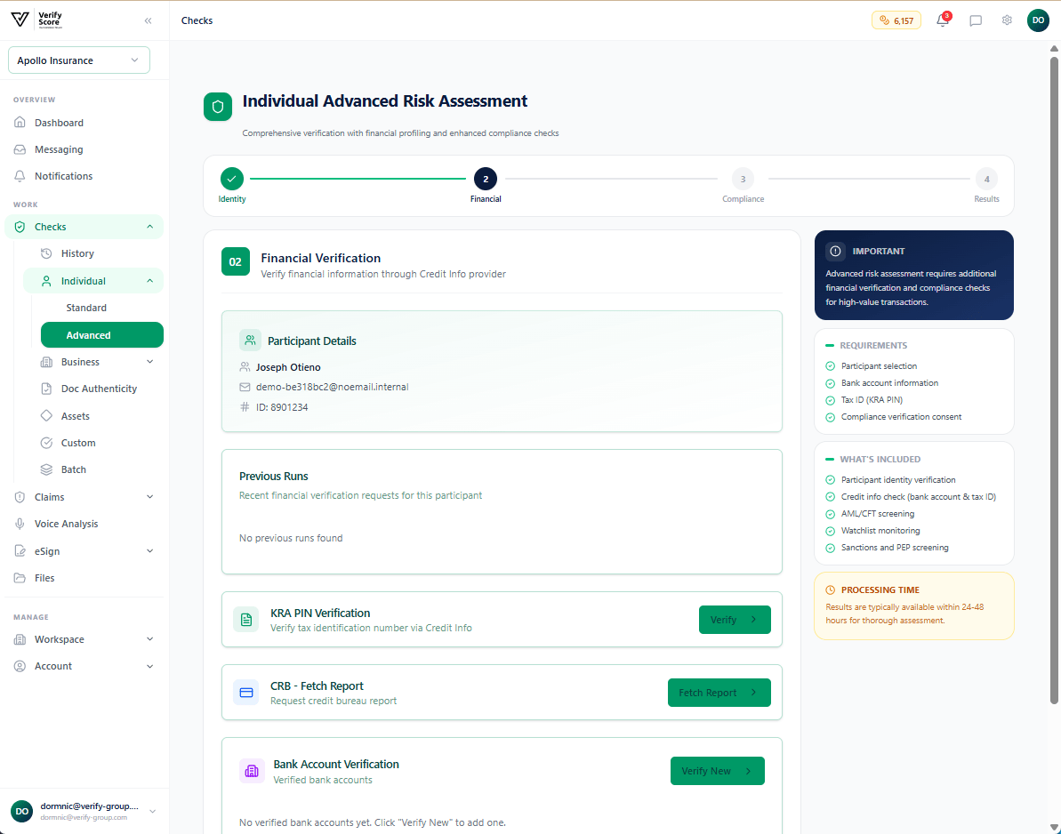 The financial verification step showing income and creditworthiness data