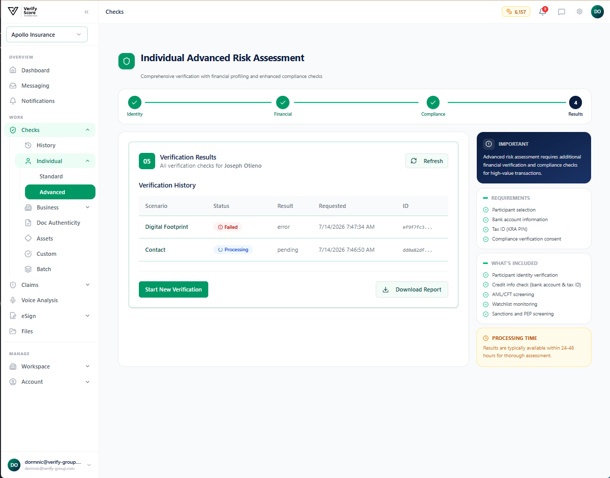 The Advanced KYC results summary showing all steps and scores