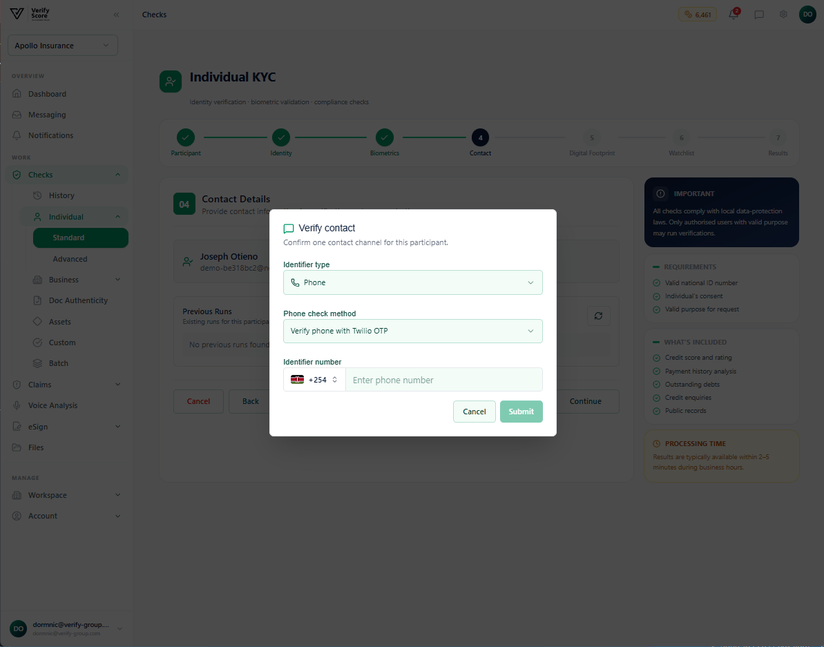 The contact verification step showing phone and email fields