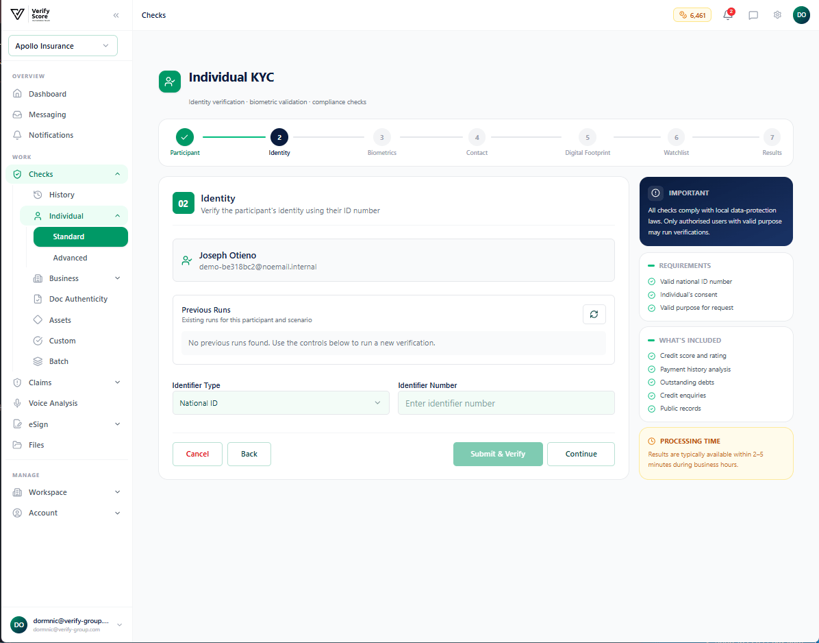 The Standard KYC identity result screen showing matched personal details