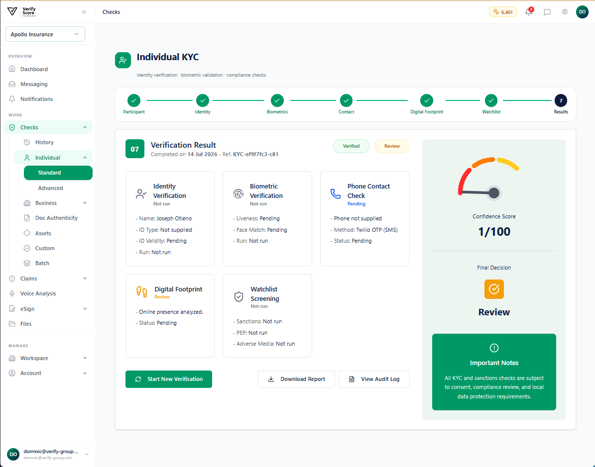 The Individual KYC results summary page