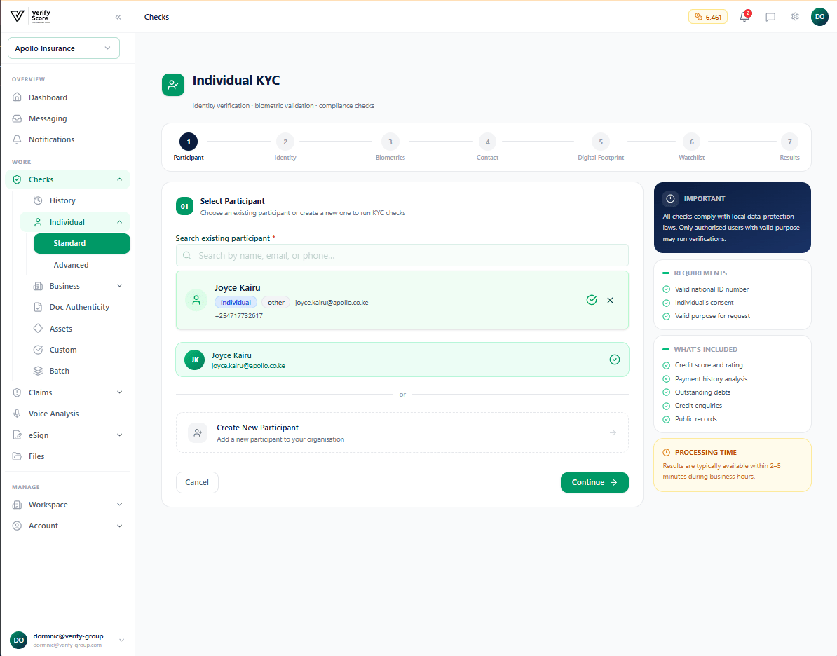 The Standard KYC initial screen with the participant search form