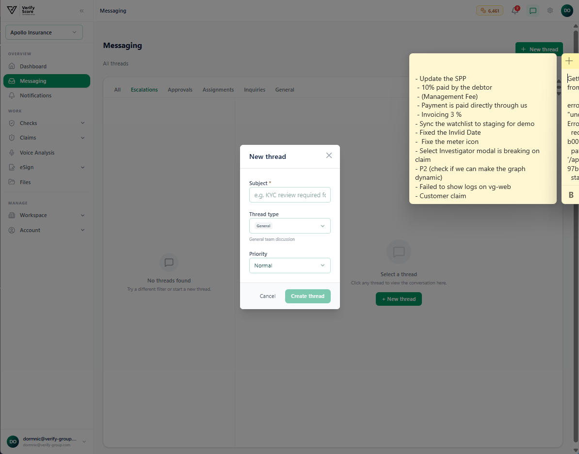 The 'New Thread' modal showing the recipient search and subject fields