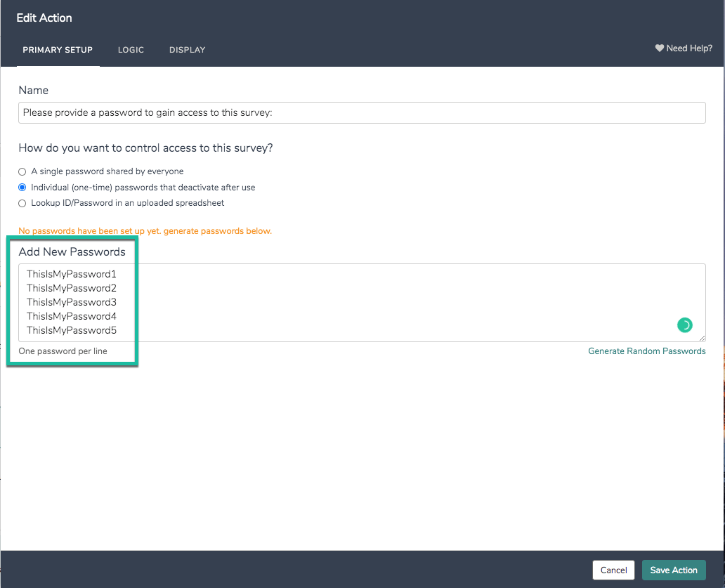 Alchemer one-time passwords editor