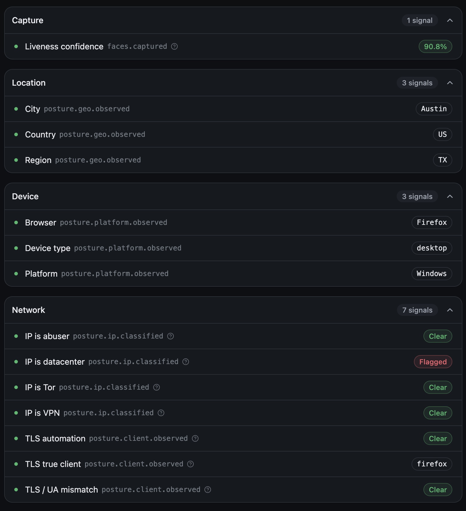 Signals tab grouped into five categories