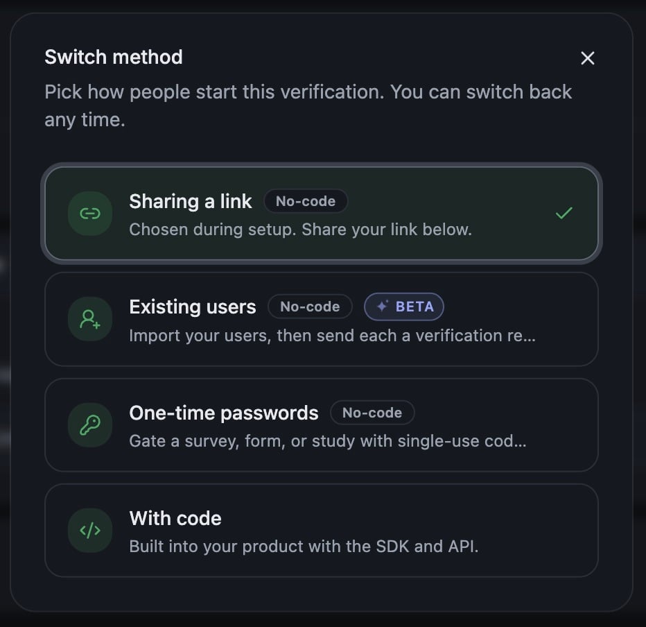 Switch method dialog listing four integration methods