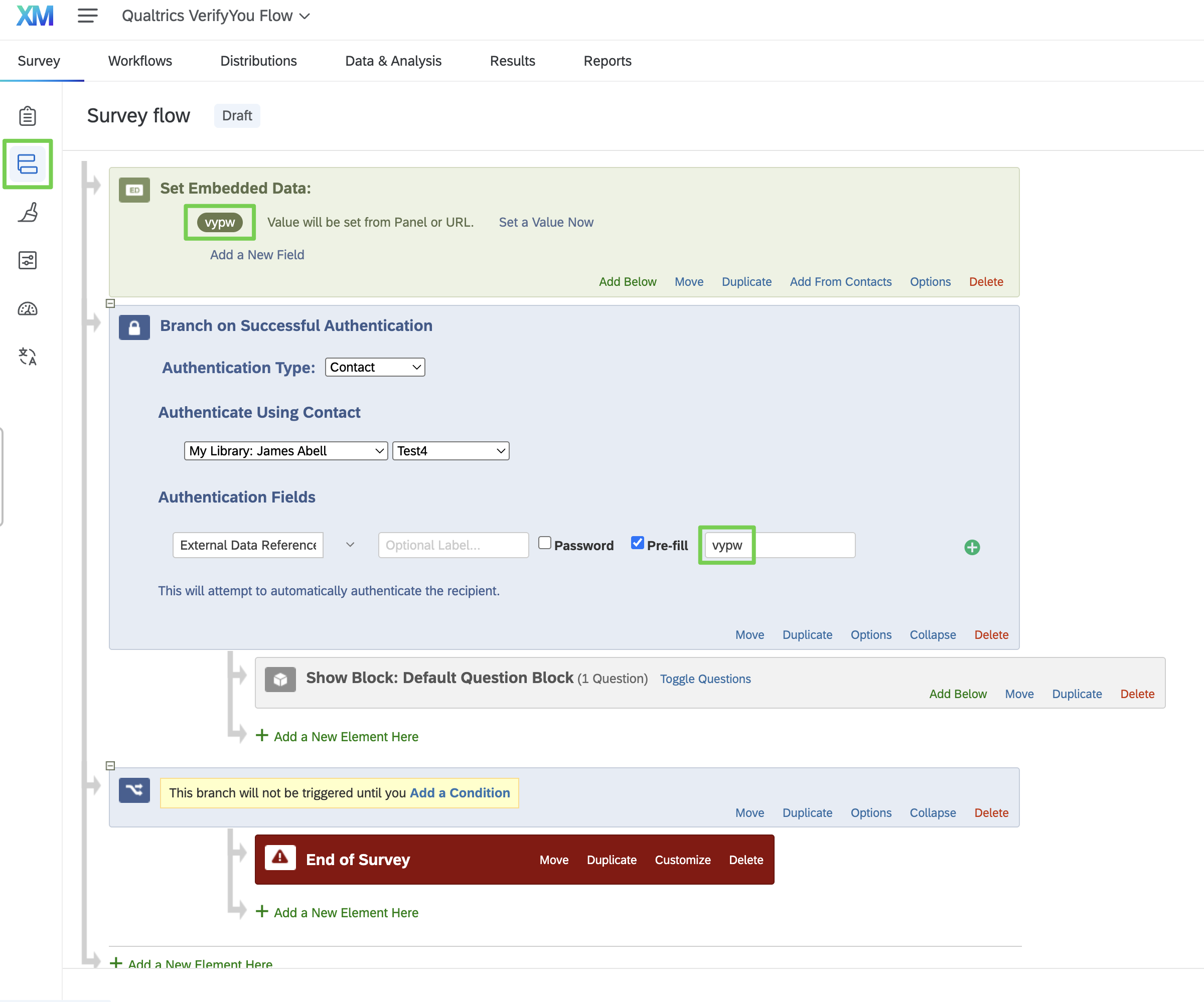 Qualtrics Survey Flow with embedded data and authentication branch