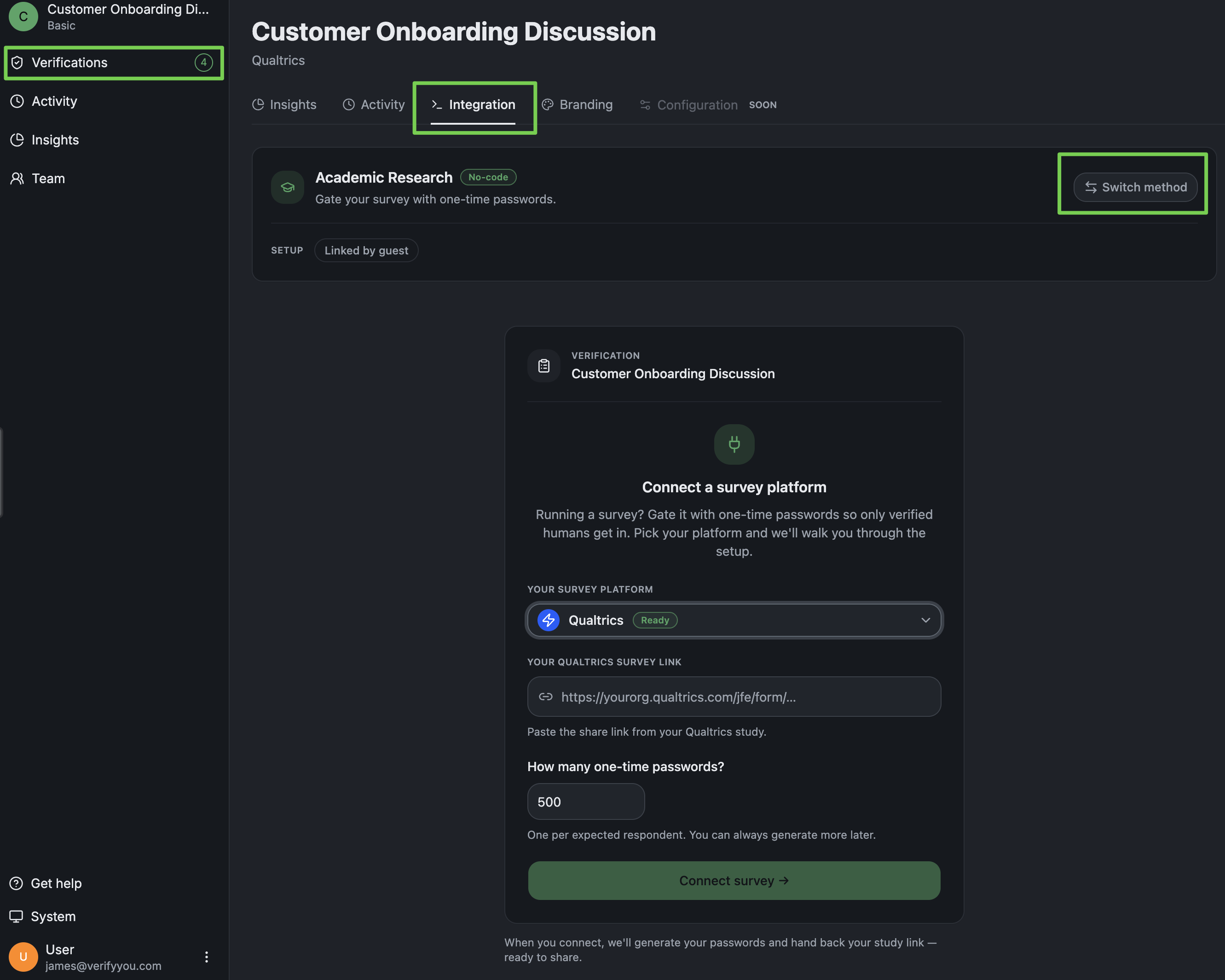 VerifyYou Integration tab, connect a survey platform