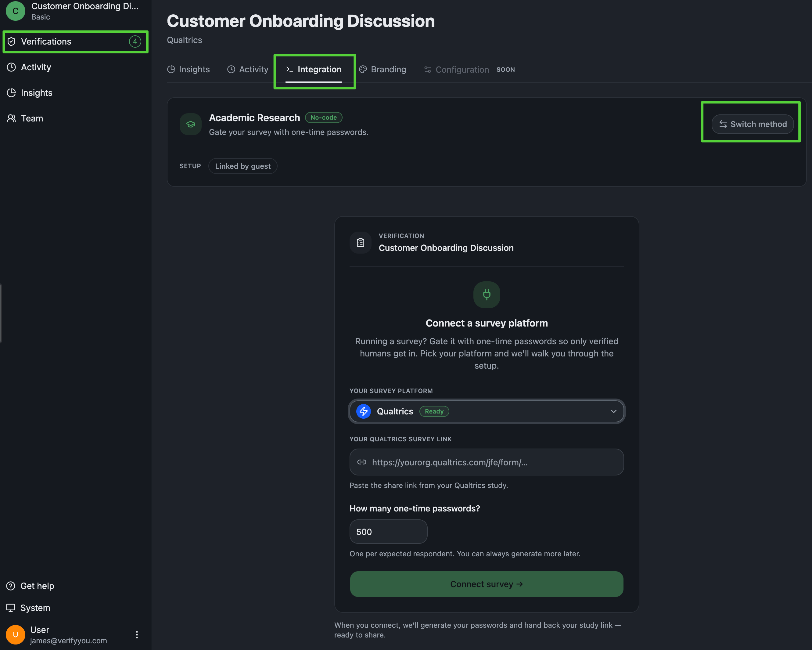 VerifyYou Integration tab, connect a survey platform