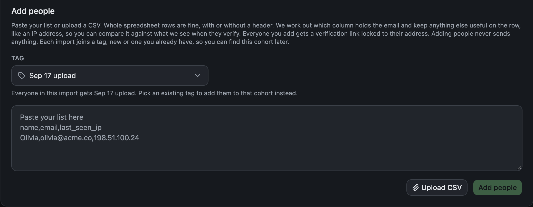 The Add people panel with a paste box, Upload CSV and Add people buttons