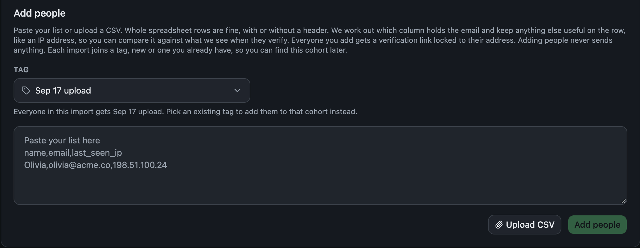 The Add people panel with a paste box, Upload CSV and Add people buttons