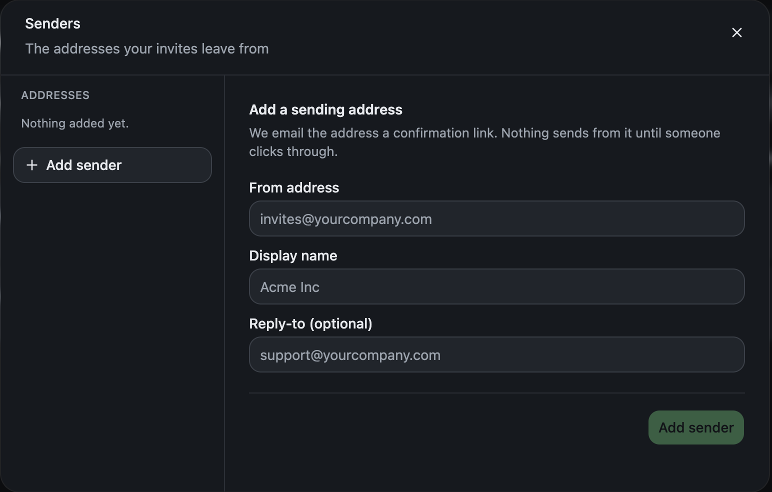 The Senders panel with the add a sending address form: From address, display name, and optional reply-to