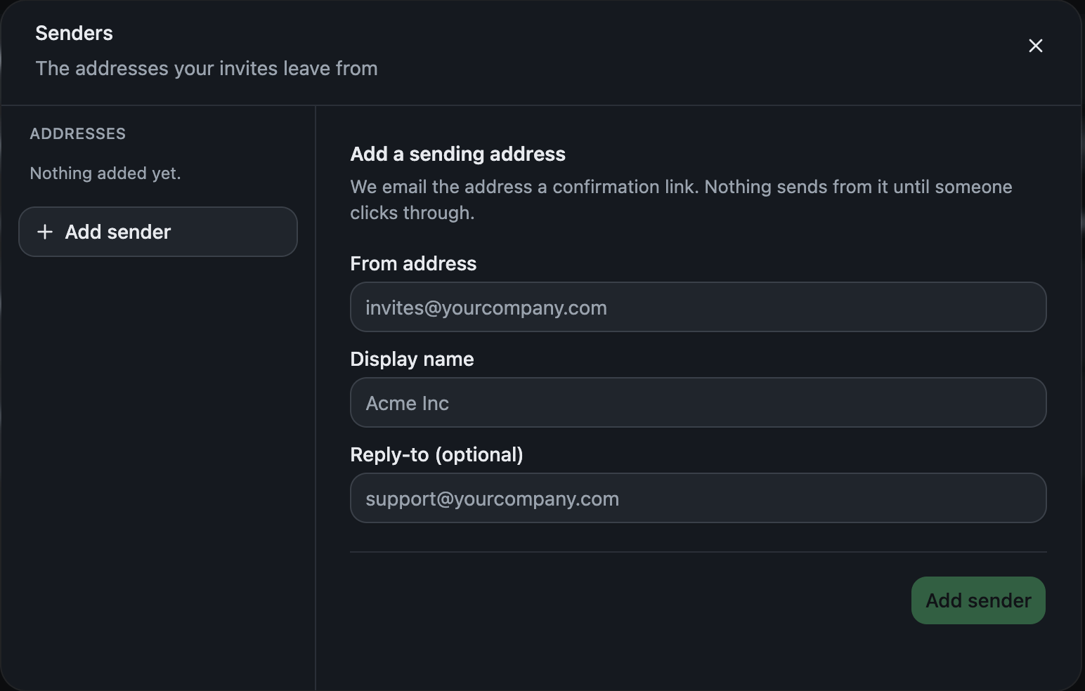 The Senders panel with the add a sending address form: From address, display name, and optional reply-to
