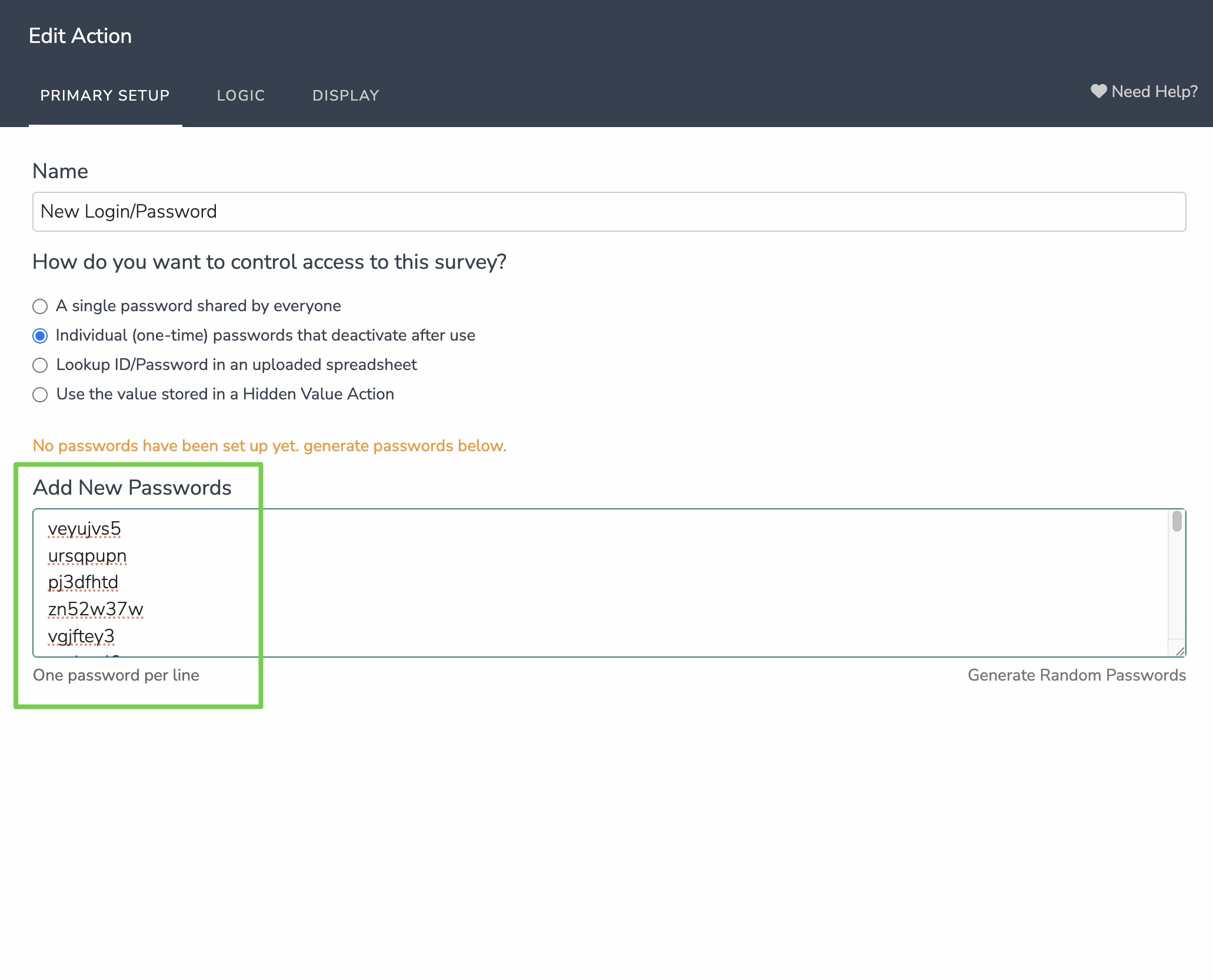 Alchemer one-time passwords editor