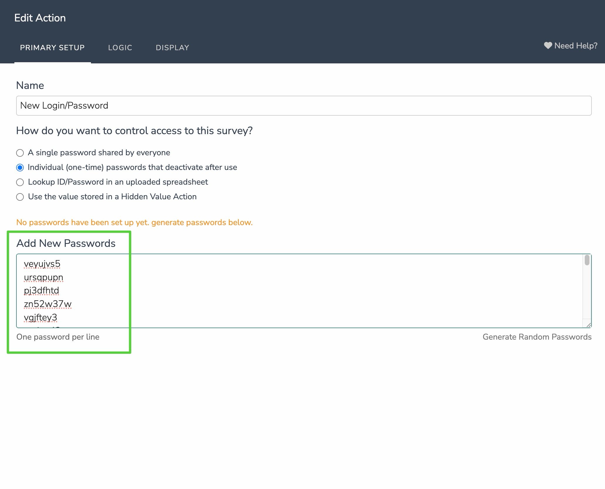 Alchemer one-time passwords editor