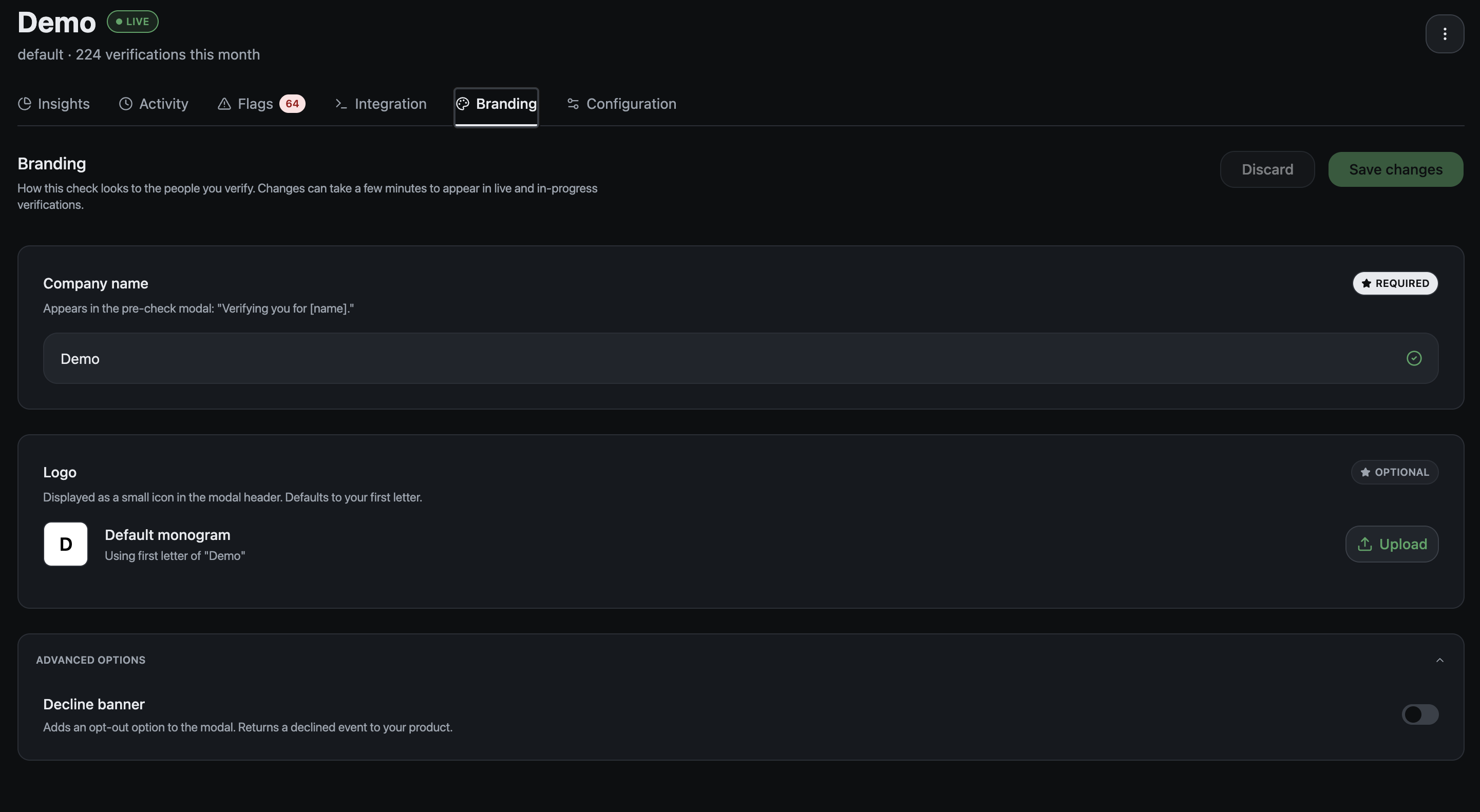 The Branding tab, showing the company name field, the logo upload, and the decline banner toggle under advanced options