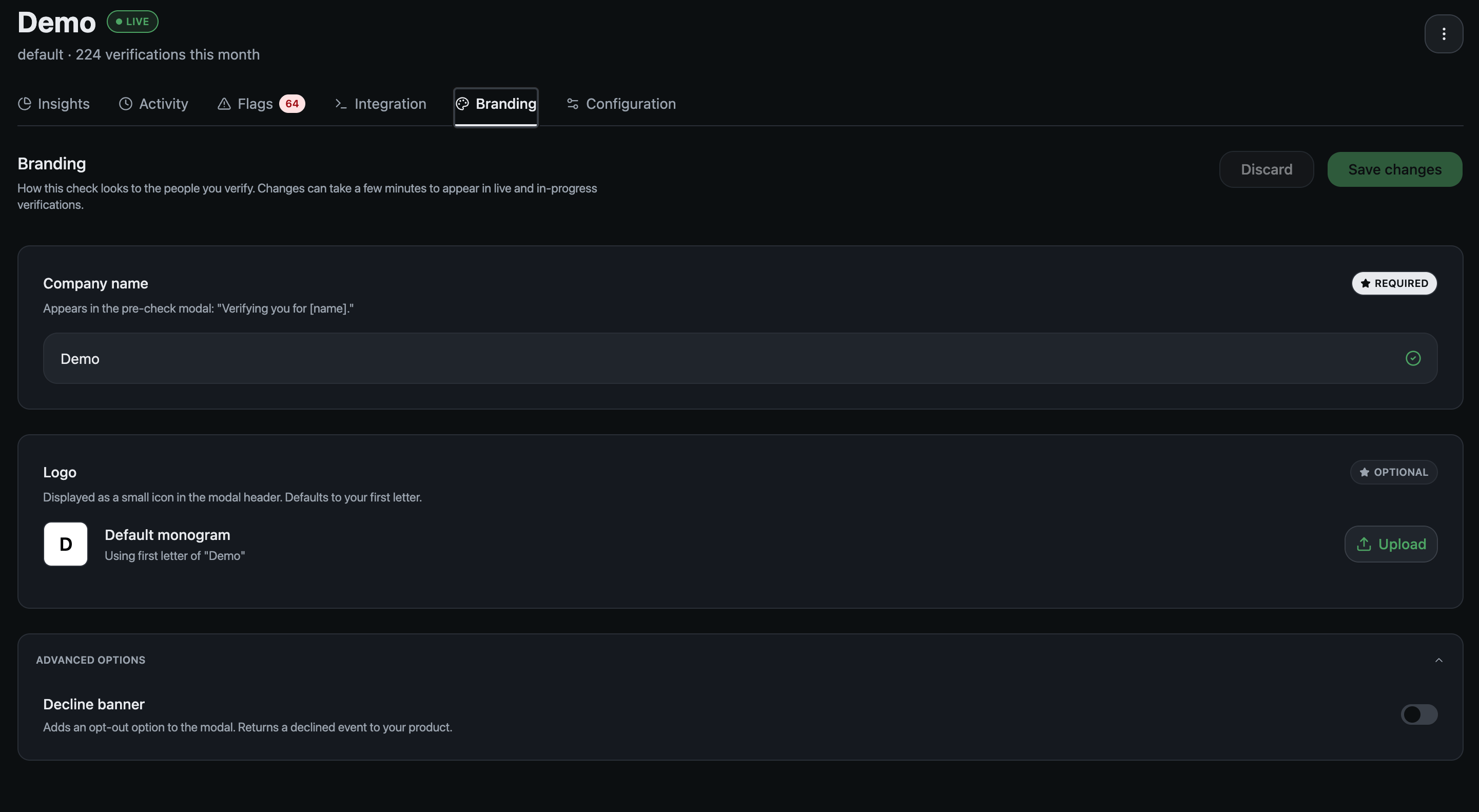 The Branding tab, showing the company name field, the logo upload, and the decline banner toggle under advanced options
