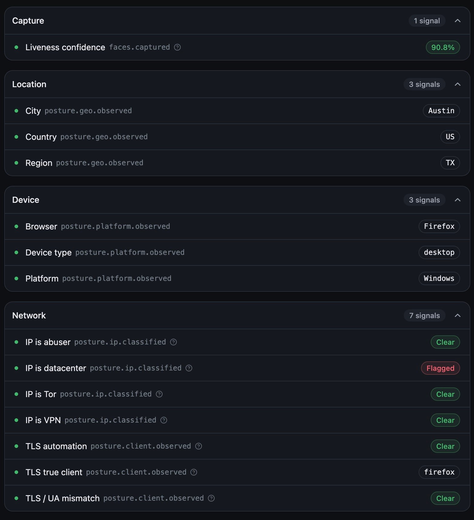 Signals tab grouped into five categories