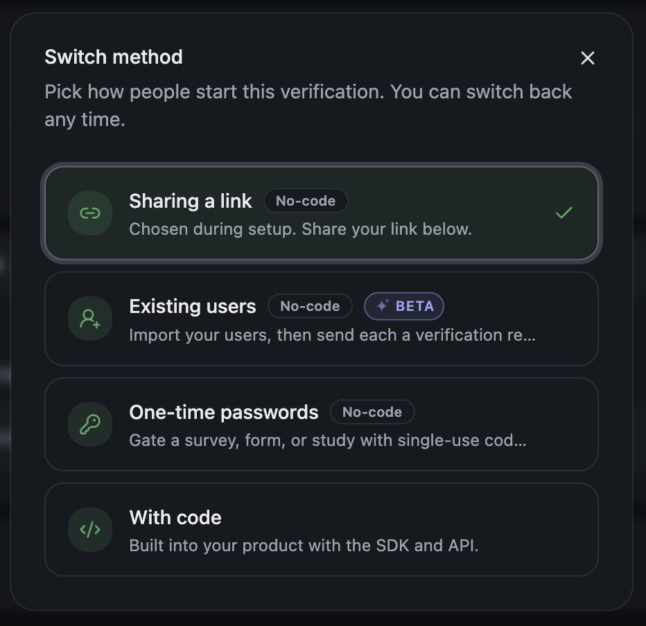 Switch method dialog listing four integration methods