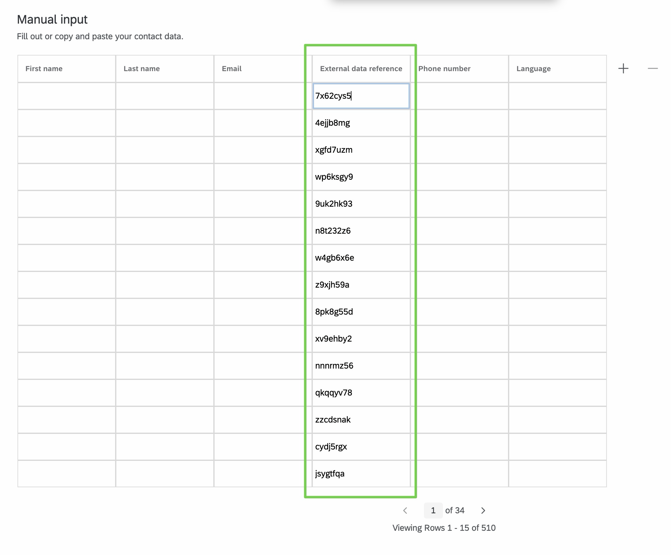 Qualtrics contact list manual input, External data reference column
