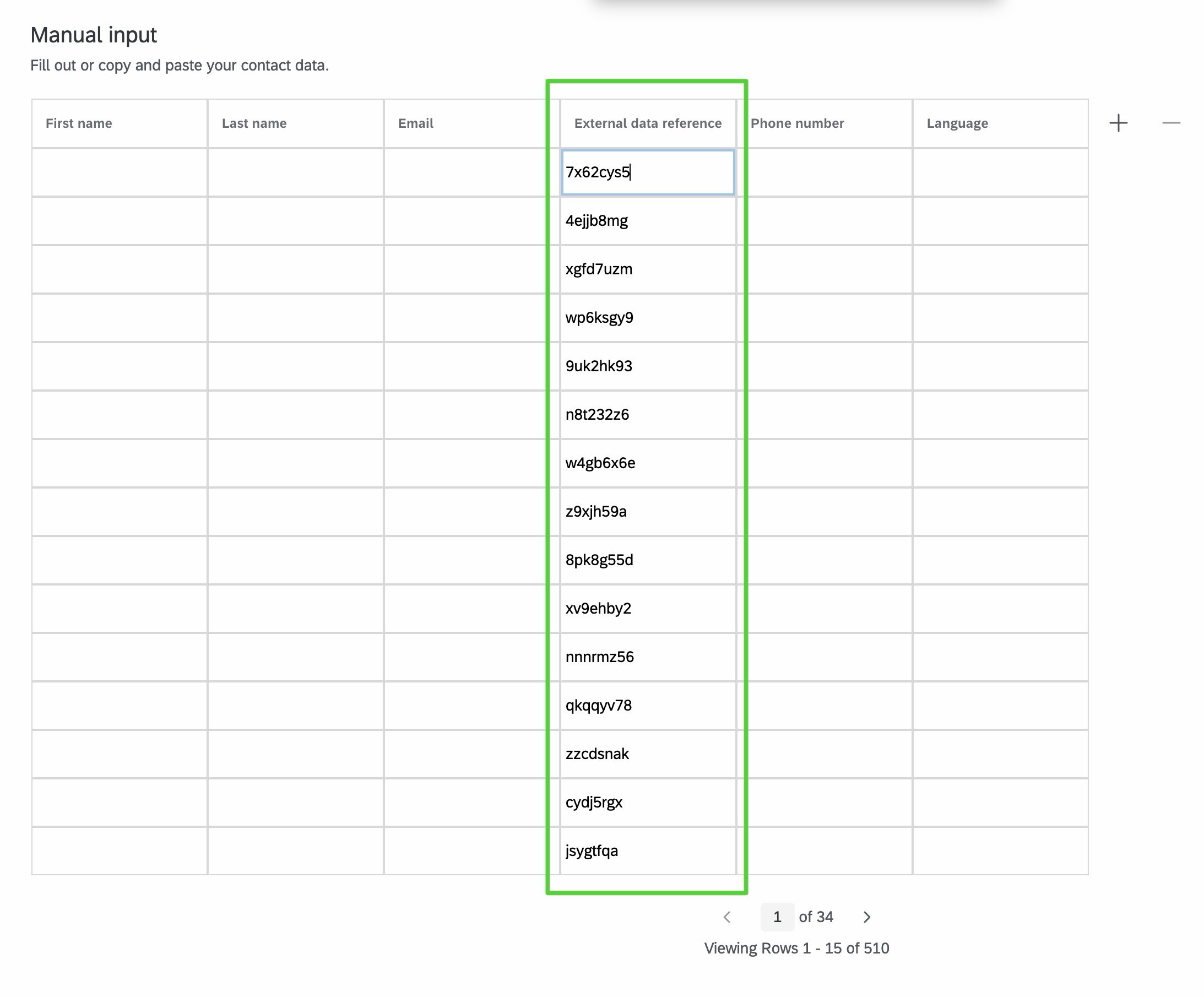 Qualtrics contact list manual input, External data reference column