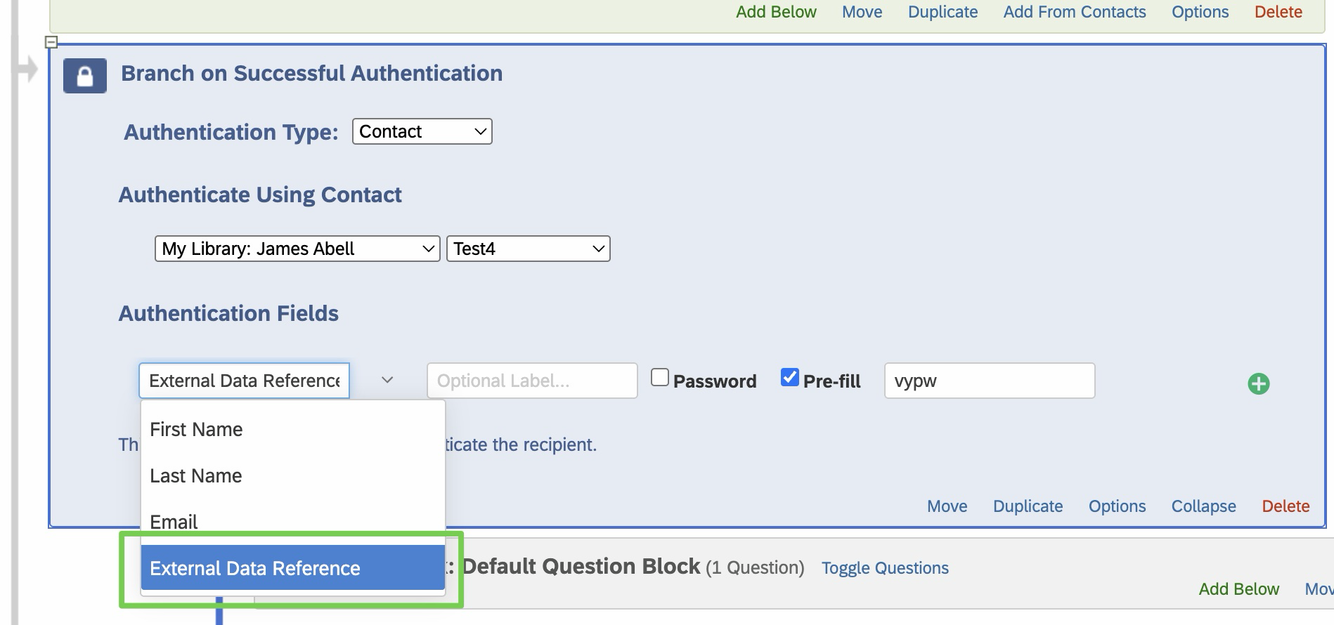 Qualtrics authentication field, External Data Reference with Pre-fill
