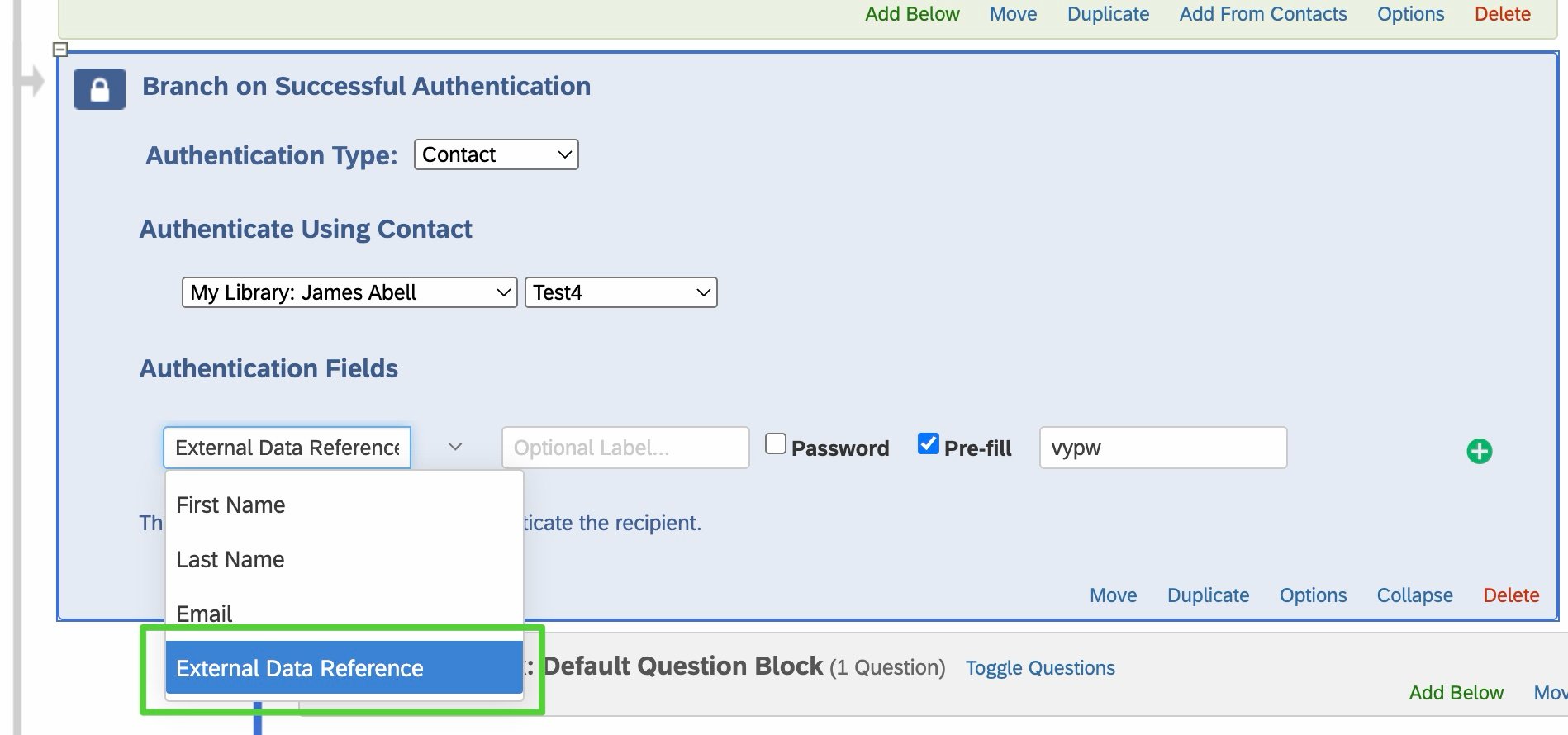 Qualtrics authentication field, External Data Reference with Pre-fill