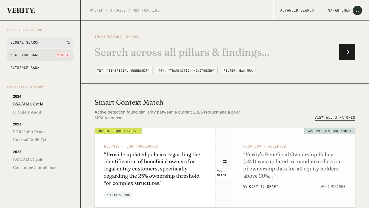 Response archive with search across past examinations