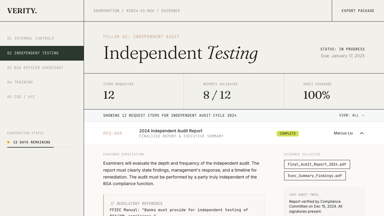Evidence collection interface showing request items with file attachments
