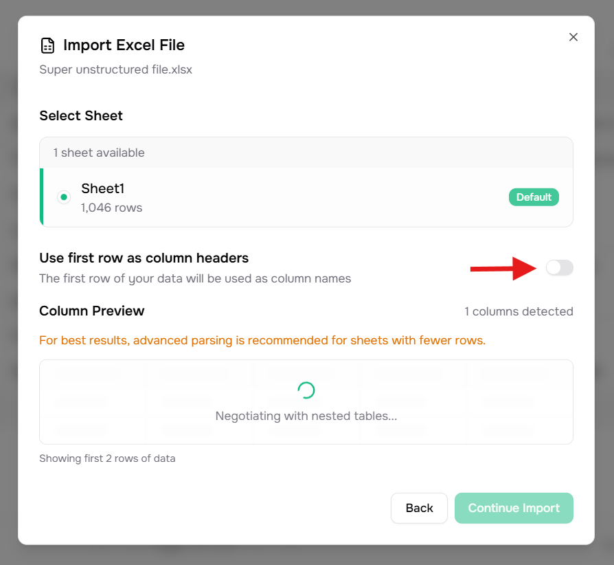 Use first row interface