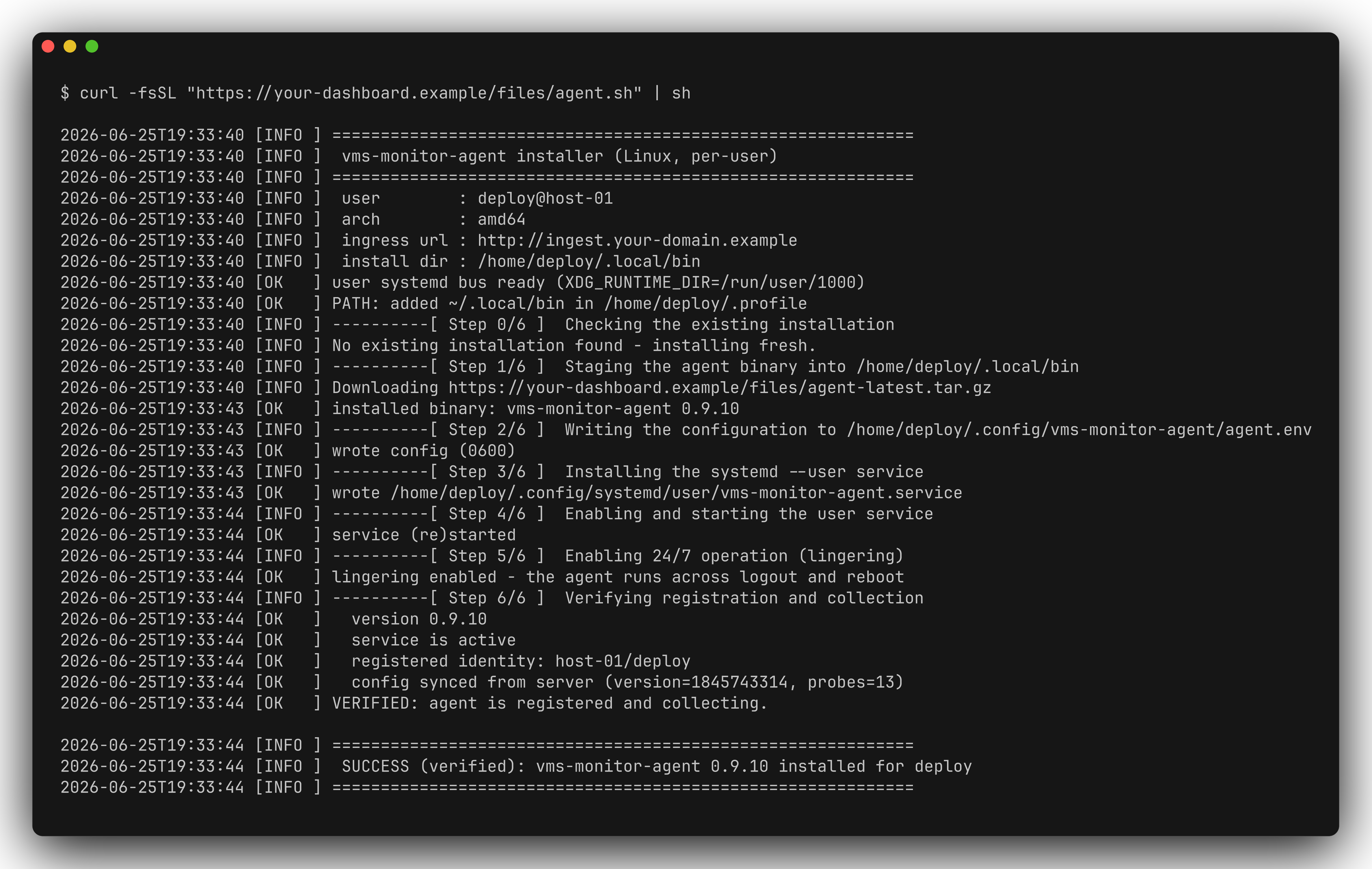 Output of the agent install script on Linux