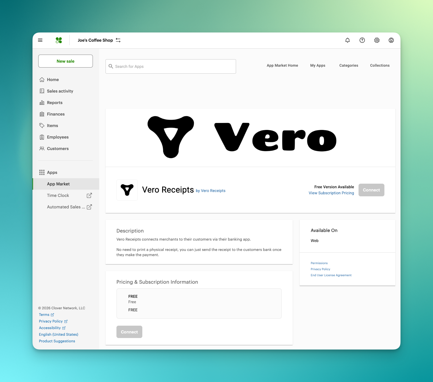 Vero Receipts in the Clover App Market
