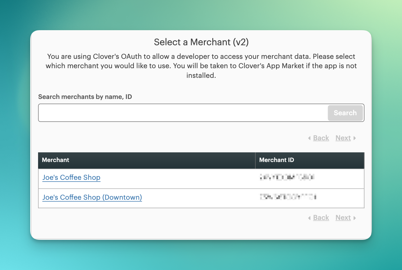 Clover merchant selection screen