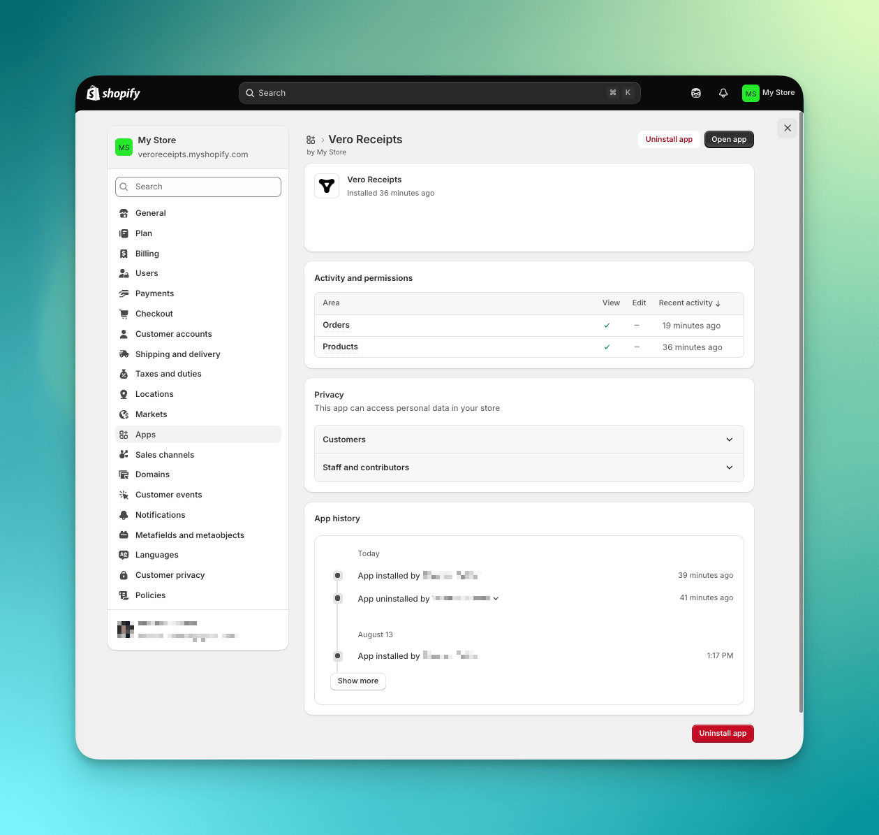 Vero Receipts app settings in Shopify