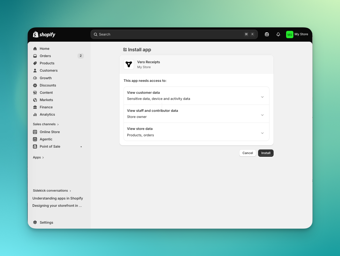 Shopify app install screen