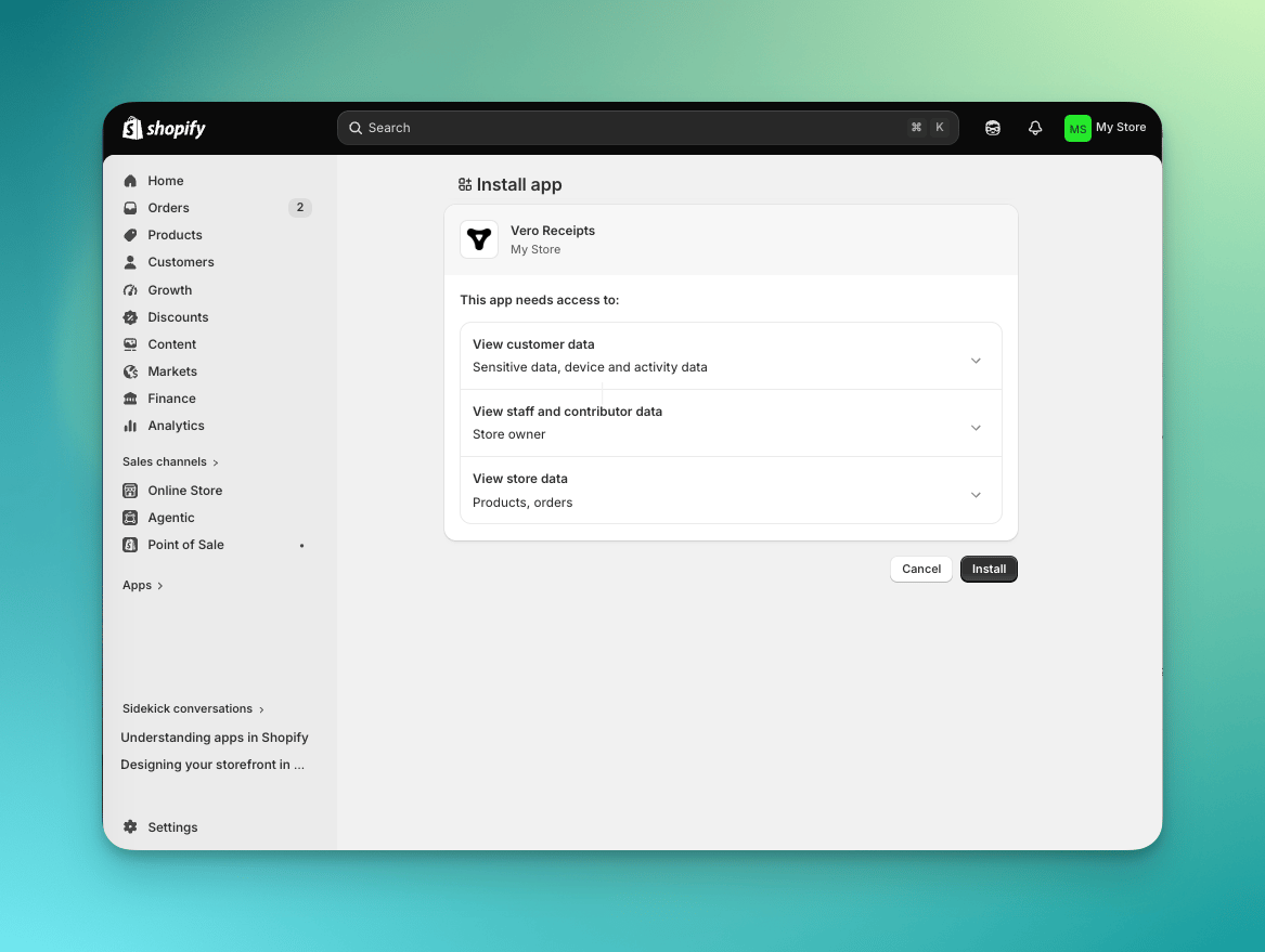 Shopify app install screen