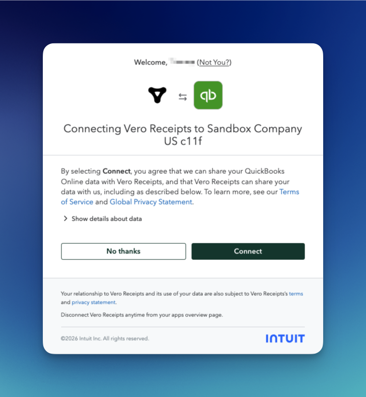 Intuit screen connecting Vero Receipts to a QuickBooks Online company