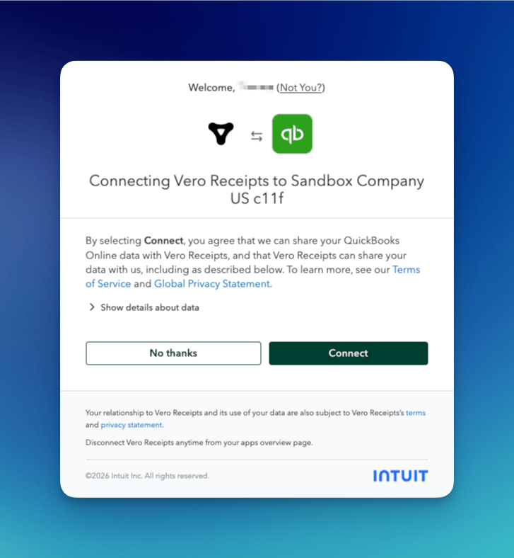 Intuit screen connecting Vero Receipts to a QuickBooks Online company