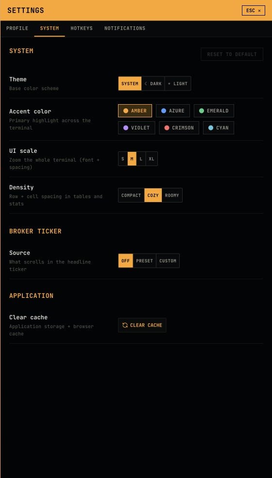 Settings system panel