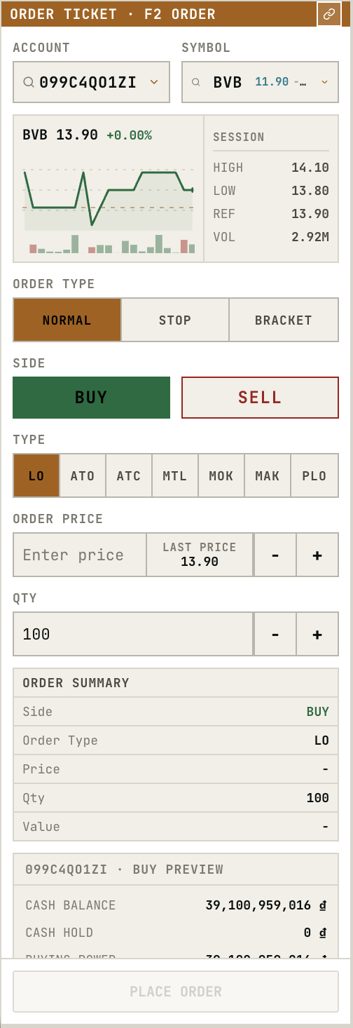 Dashboard order ticket