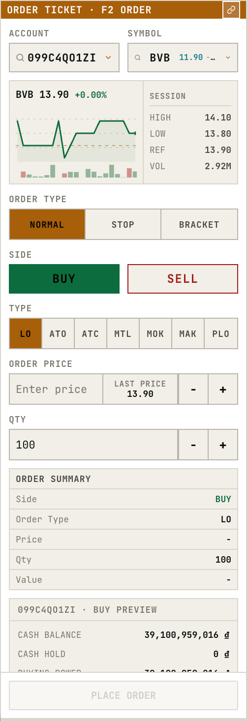 Dashboard order ticket