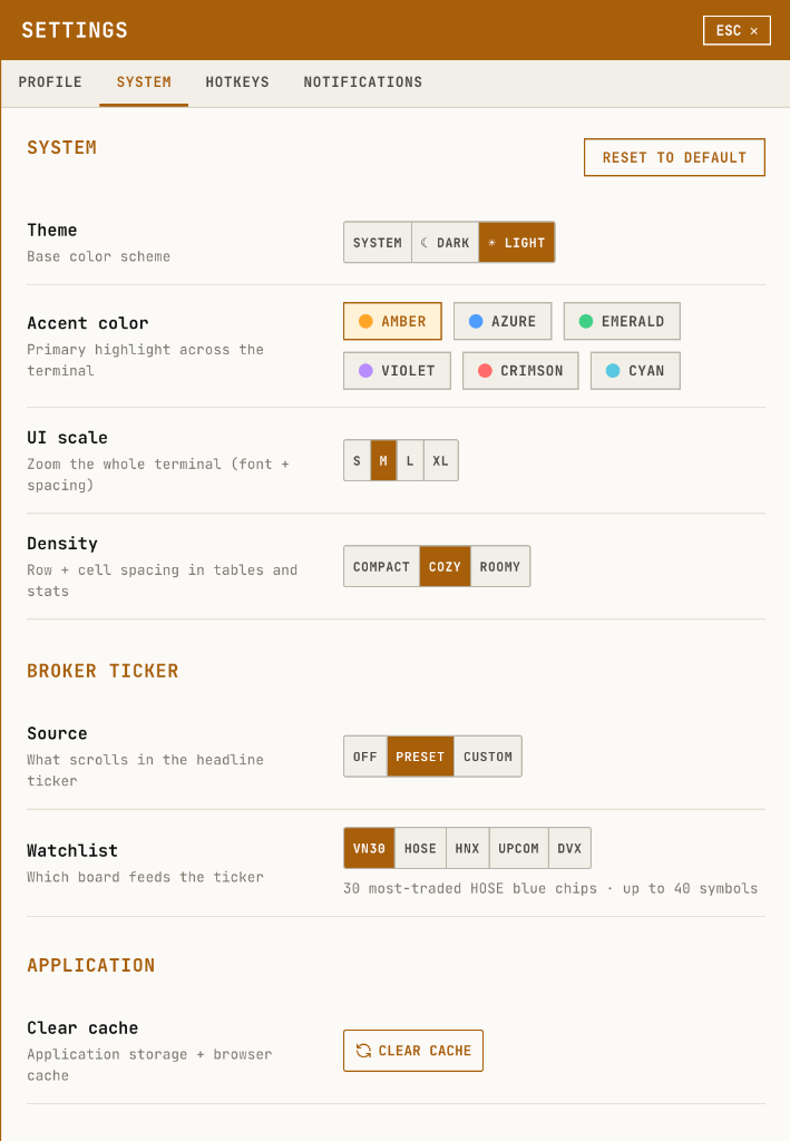 Settings system panel