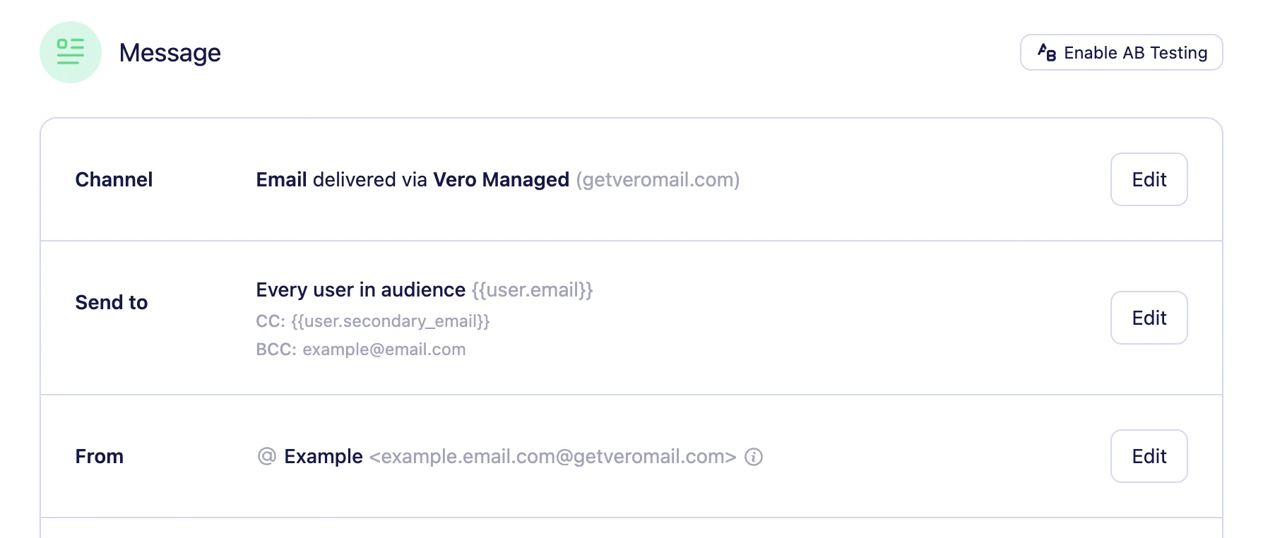 Campaign summary view showing CC and BCC rows