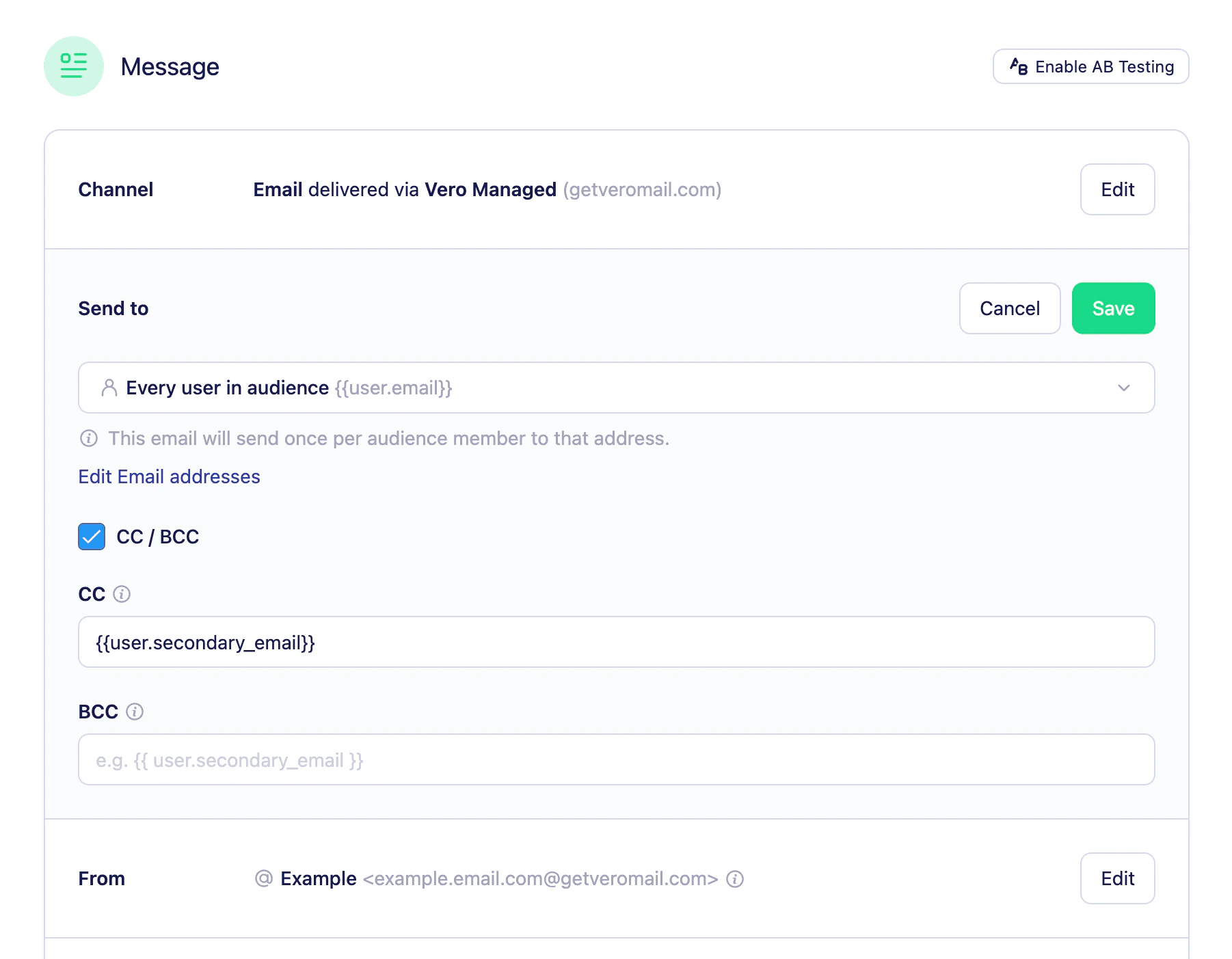The Include CC/BCC panel expanded, showing CC and BCC inputs