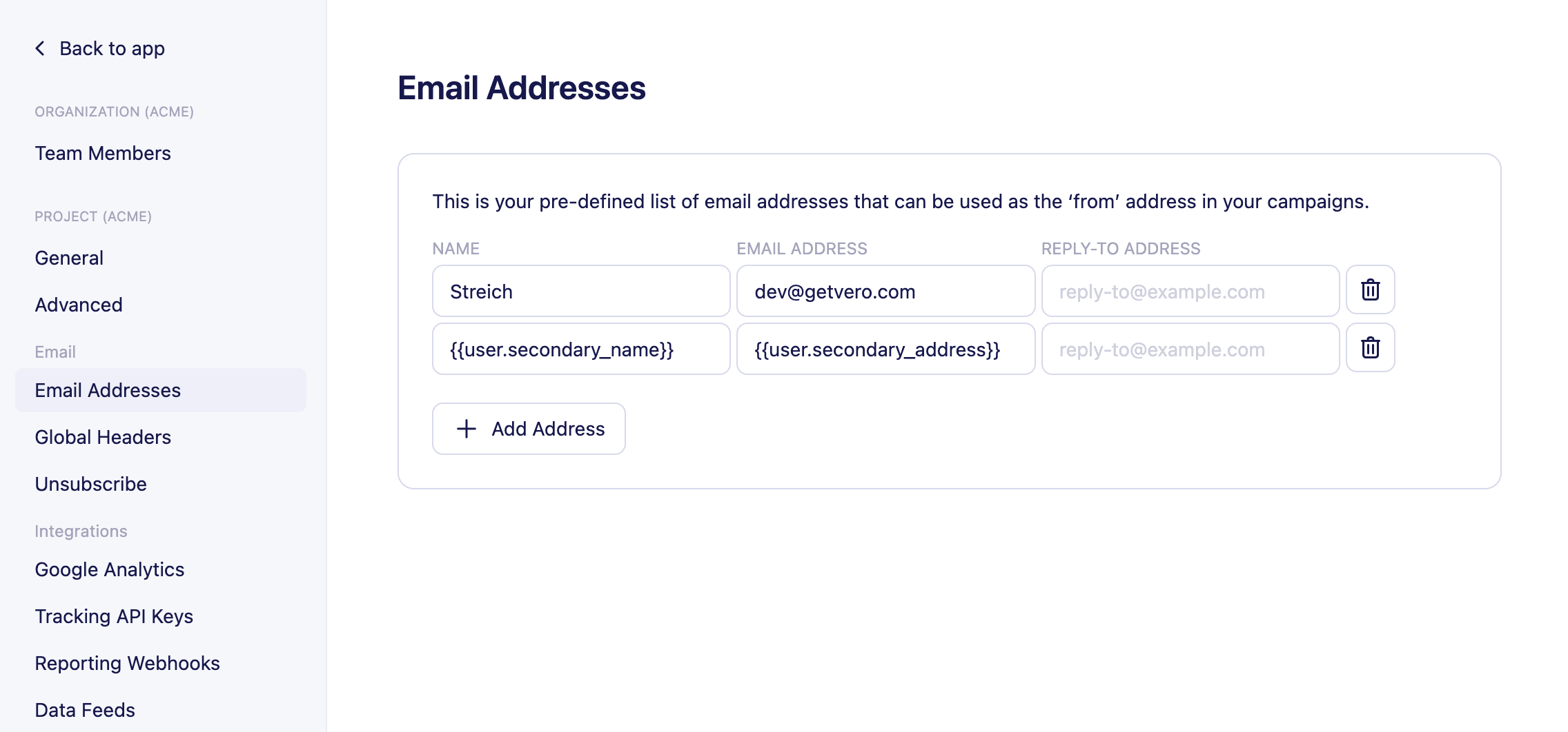 Manage 'from' & 'to' addresses - Vero Help Documentation