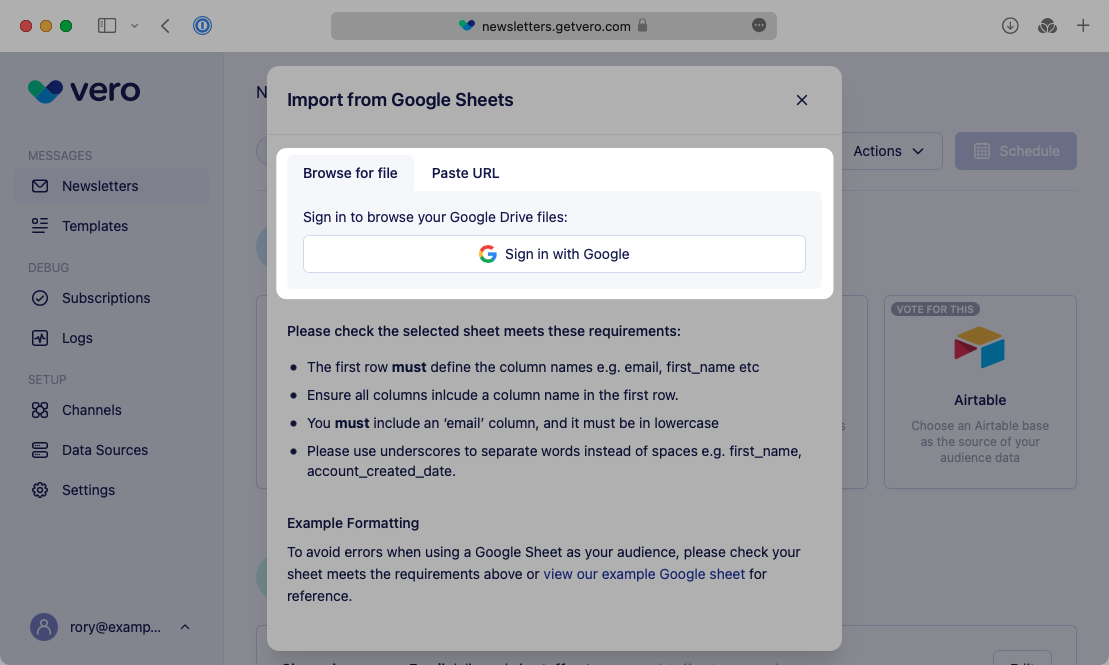 Browse for a file - sheets