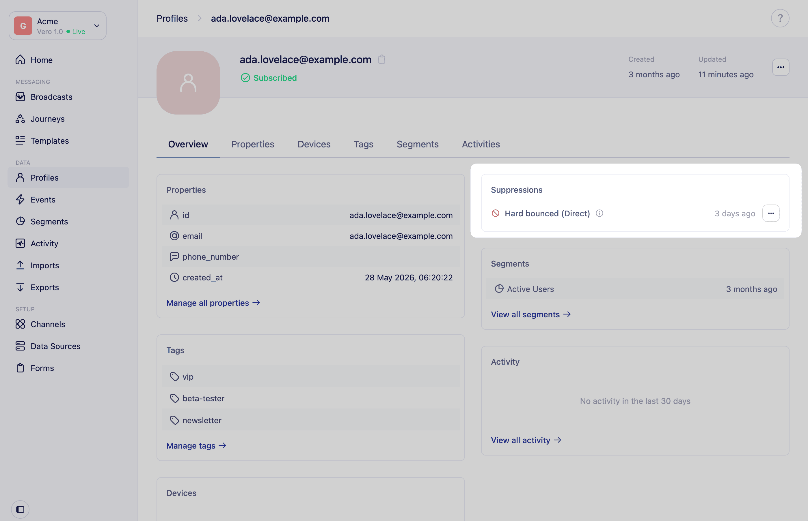 Suppressions panel on the profile Overview tab