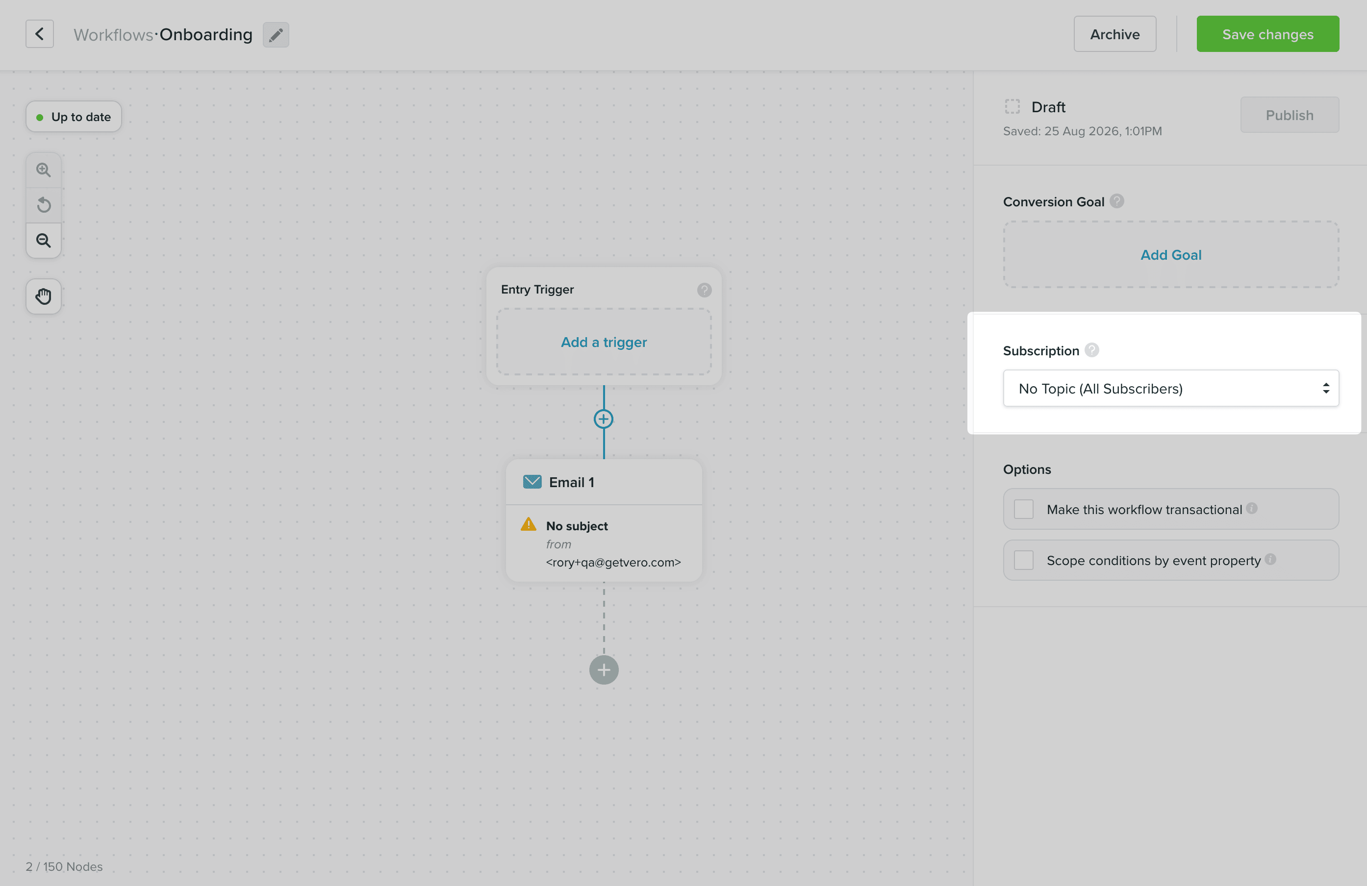 The Subscription selector in the workflow builder sidebar, set to No Topic (All Subscribers)