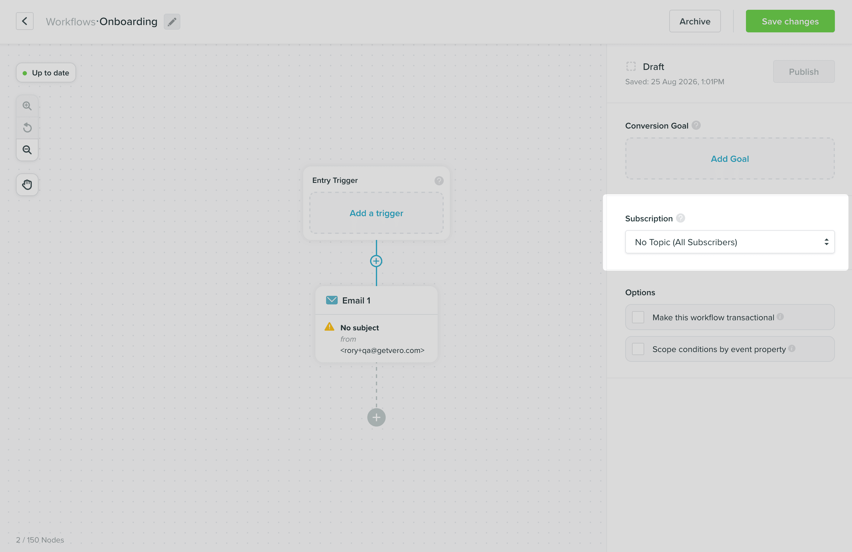 The Subscription selector in the workflow builder sidebar, set to No Topic (All Subscribers)
